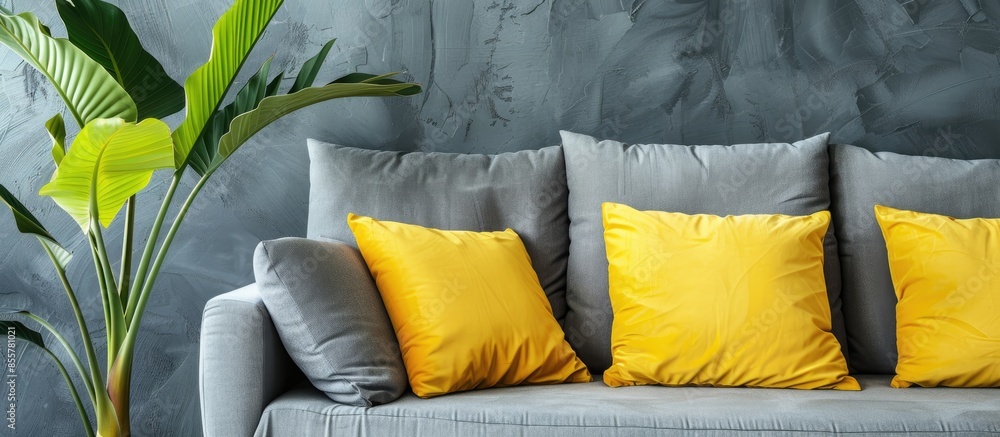 Aufkleber Bright yellow cushions decorating a gray sofa. with copy space image. Place for adding text or design