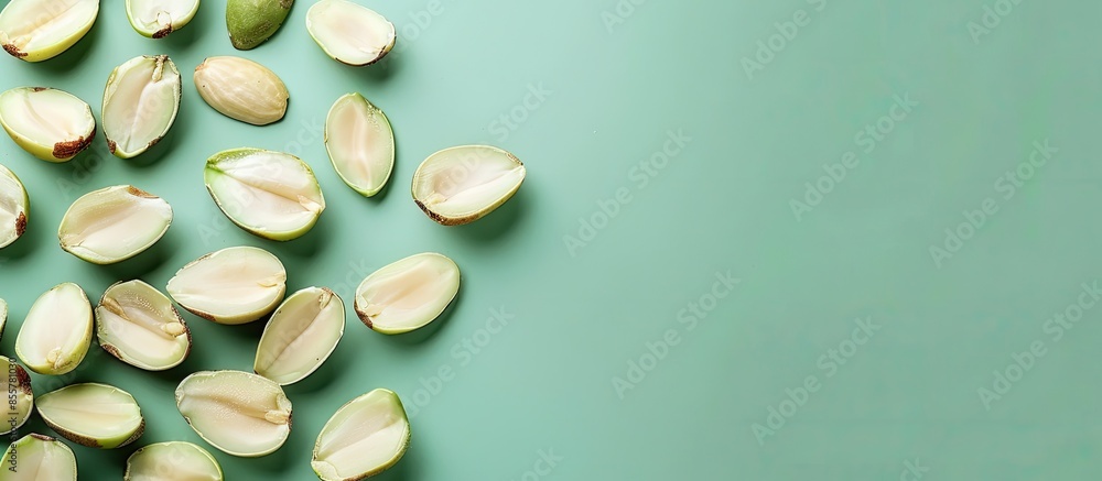 Poster half cut green almonds with seeds / cagla badem. pastel background. with copy space image. place for