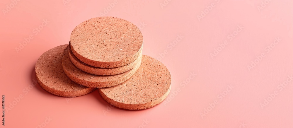 Aufkleber Mockup of empty blank beer drink cork coasters in studio environment on bright pastel background. with copy space image. Place for adding text or design