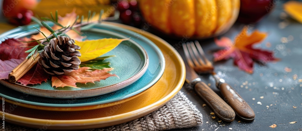 Poster multicolored plates and linen napkins with knitted decor. table setting for the autumn or winter col