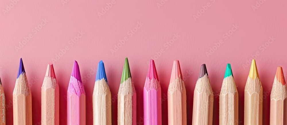 Poster Colorful wooden pencils in row on pastel background. with copy space image. Place for adding text or design