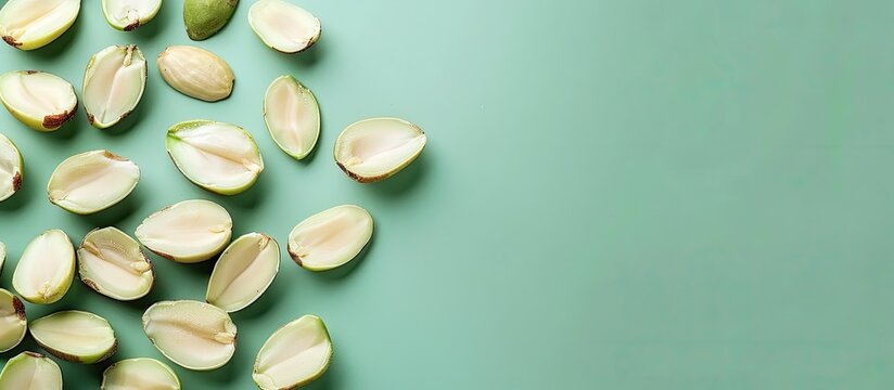 Half Cut Green Almonds with Seeds / Cagla Badem. pastel background. with copy space image. Place for adding text or design