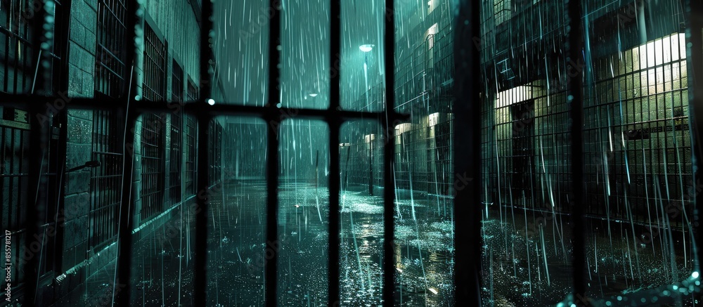 Poster dramatic shot of high security prison facility yard from inside iron bars during rain storm at night