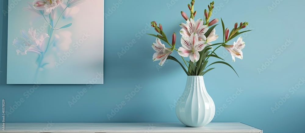 Aufkleber Vase with beautiful alstroemeria flowers on drawer and poster with word SIMPLE near blue wall. with copy space image. Place for adding text or design