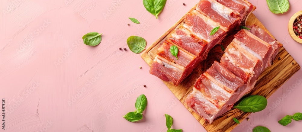 Poster pork belly on pastel background food isolated pastel. with copy space image. place for adding text o