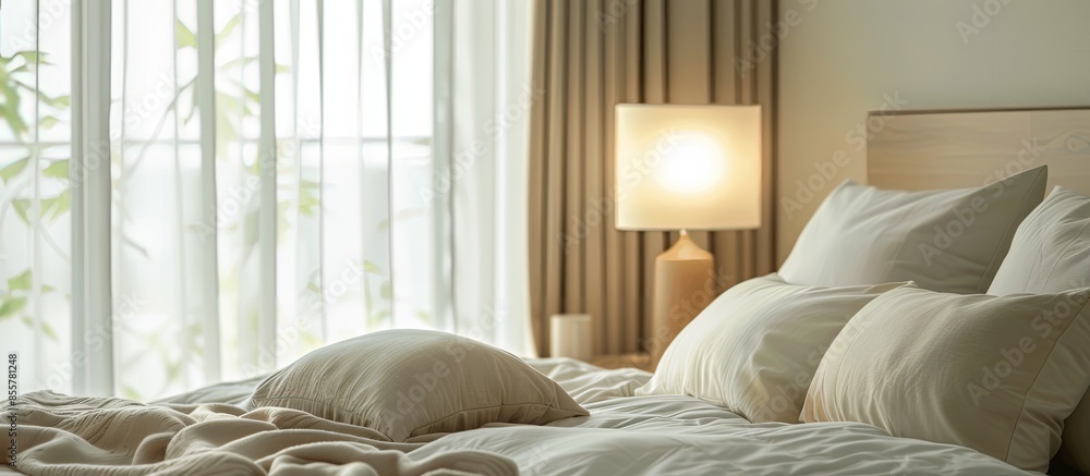 Poster pillow on bed decoration in bedroom interior with light lamp - filter processing. with copy space im