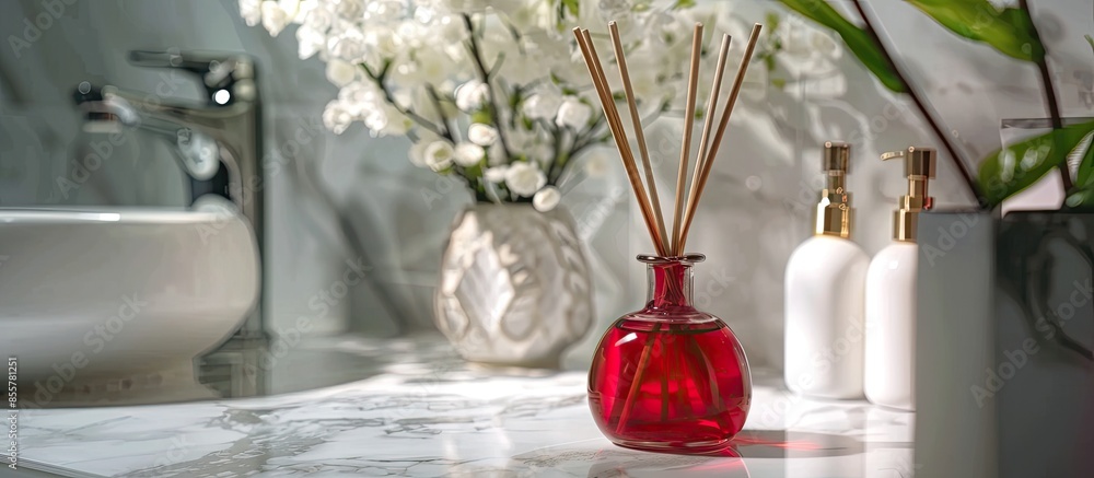 Poster nice aroma reed diffuser stick glass bottle with red color oil is displayed and decorated in the white clean toilet to creat relax ambient. with copy space image. Place for adding text or design