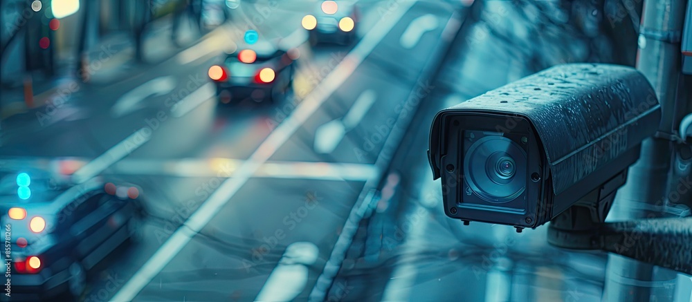Poster cctv camera on the road . artificial intelligence . secutity concept . machine identify vehicles tec