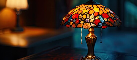 Detailed Vintage style night lamp in a dark room. Tiffany glass. Stone Filigree. Close up shot. with copy space image. Place for adding text or design