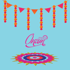 Happy Onam Poster Design with Beautiful Rangoli (Atham) and Floral Garland on Turquoise Background.