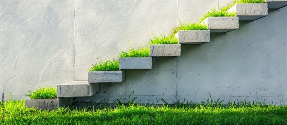 Leinwandbilder Steps of a concrete staircase in a park with green grass on the wall and floor. with copy space image. Place for adding text or design