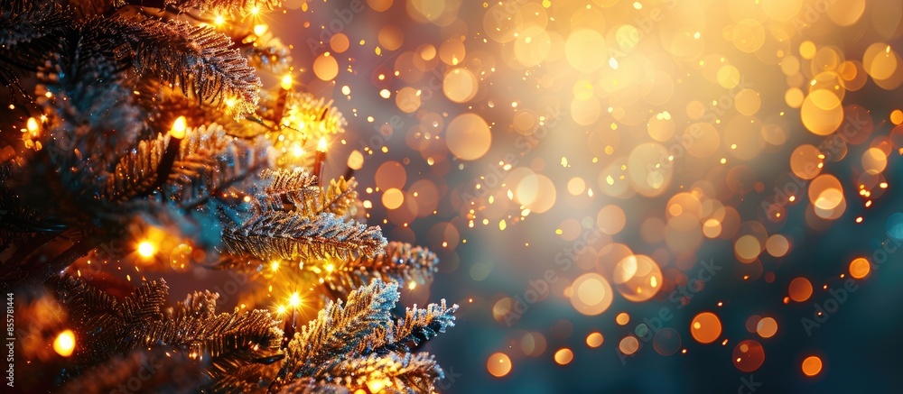 Aufkleber glowing christmas tree near light wall, closeup. with copy space image. place for adding text or des