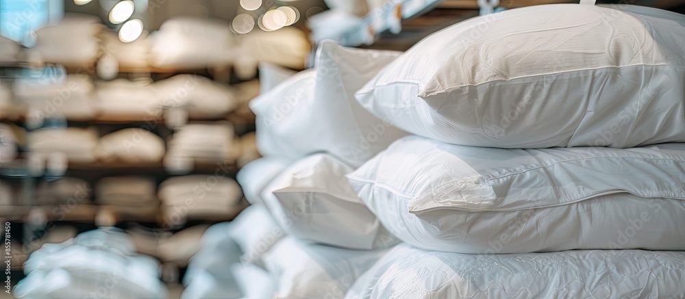 Poster closeup of white set of bed linen in decoration store. with copy space image. place for adding text 