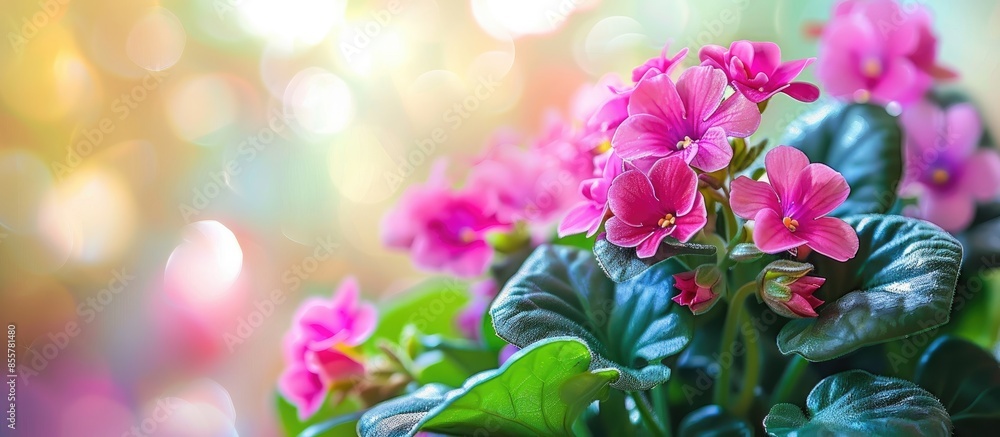 Poster Flowering Saintpaulias, commonly known as African violet. Selective focus. with copy space image. Place for adding text or design