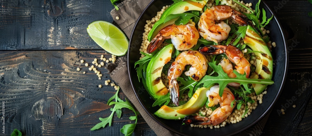 Leinwandbilder Food dieting concept. Couscous salad with arugula, avocado and grilled shrimps on rustic wooden table. Top view flat lay. Copy space image. Place for adding text or design