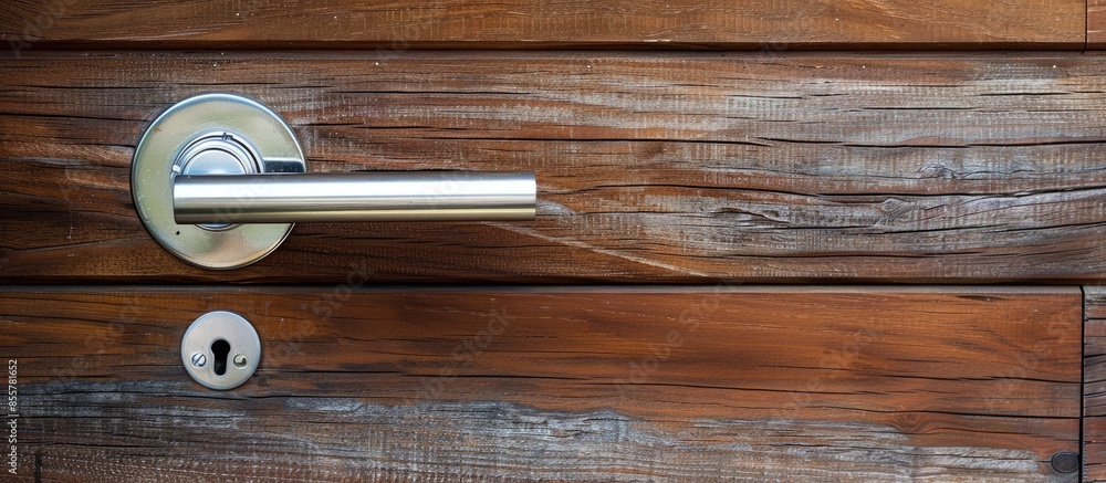 Poster brushed metal lock and handle on a wooden house door outside. with copy space image. place for addin