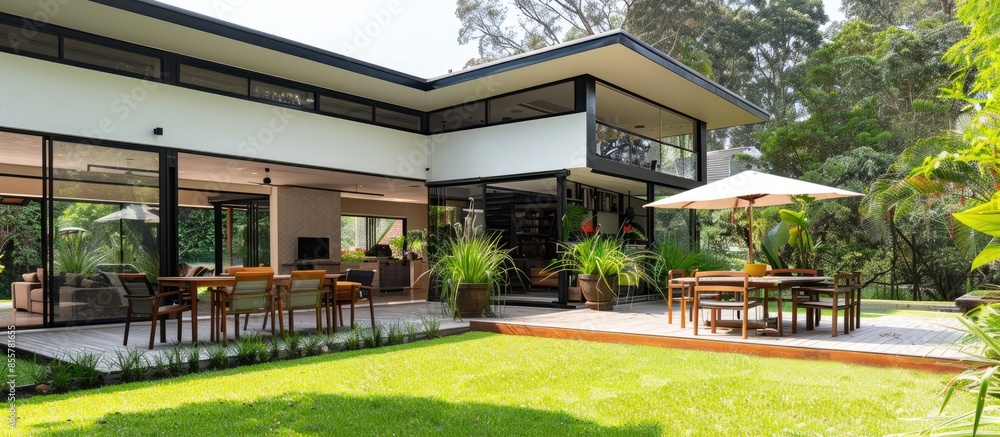 Poster Contemporary Home with Dining Set in Backyard. with copy space image. Place for adding text or design