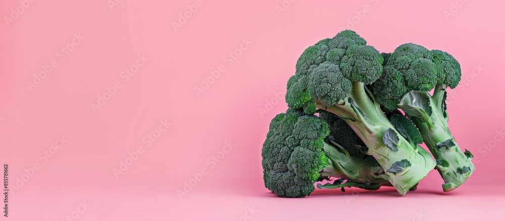 Leinwandbilder two bunch of broccoli isolated on pastel background. with copy space image. place for adding text or
