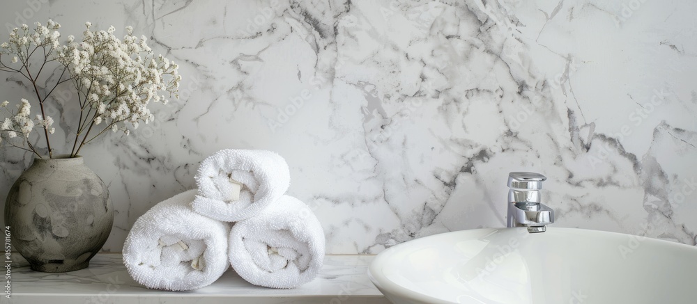 Poster White towel and tap on marble wall in the bathroom. with copy space image. Place for adding text or design