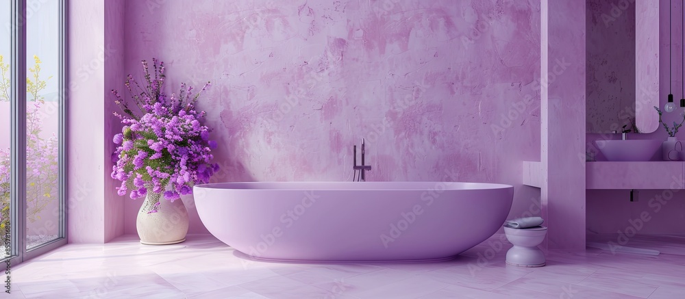 Poster large nice lavender bathroom with nice shower, tub and sink. with copy space image. place for adding