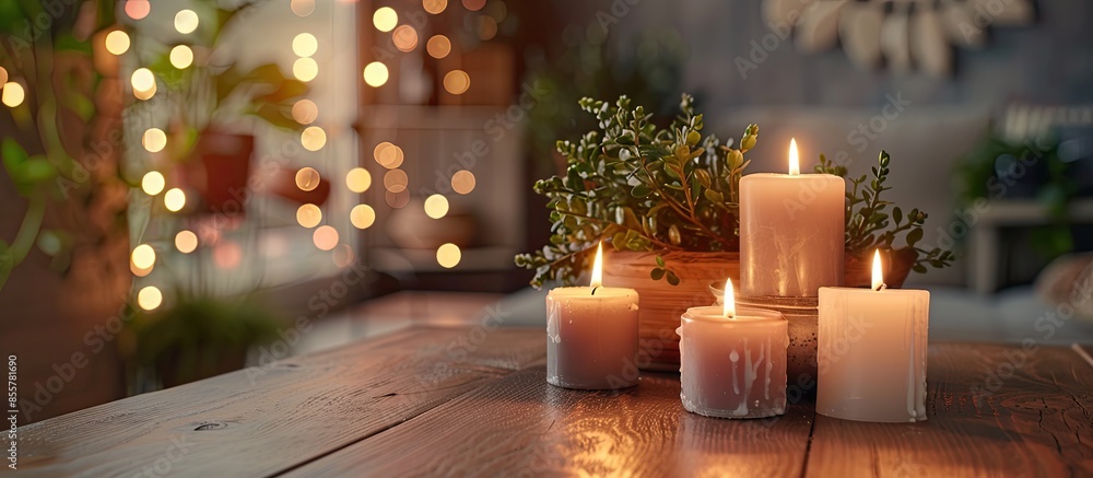 Poster Burning decorative candles on table in room. with copy space image. Place for adding text or design