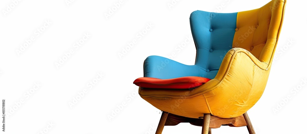 Poster color wooden and fabric chair isolated on white. with copy space image. place for adding text or des