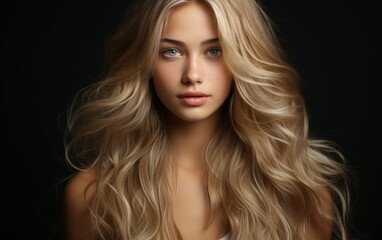 Fototapeta premium A woman with long blonde hair is standing in front of a black background. She has a beautiful smile on her face