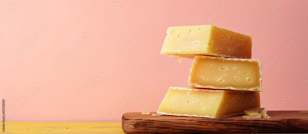 Poster Tasty Italian cheese, isolated on pastel background. with copy space image. Place for adding text or design