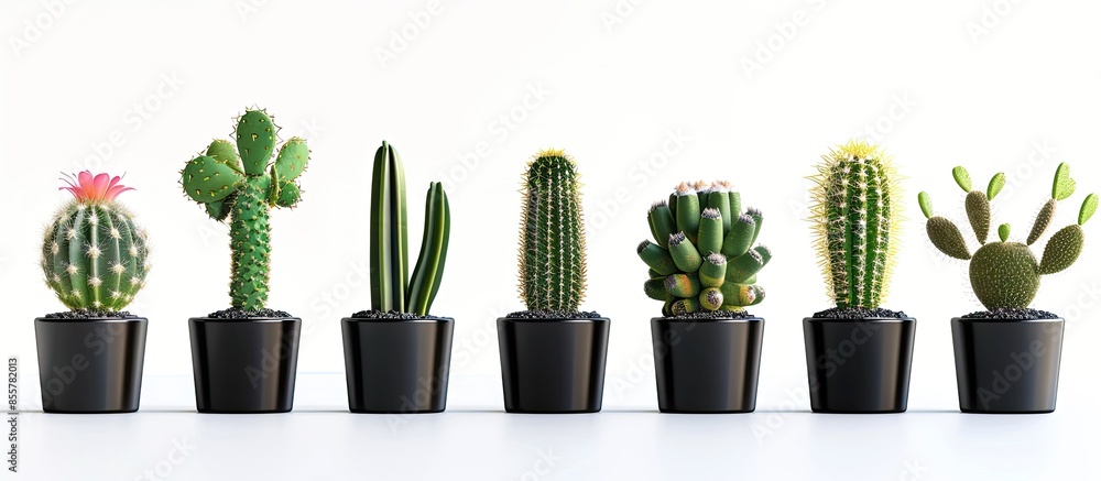 Leinwandbilder Collection of various cactus  in black  pots. with copy space image. Place for adding text or design