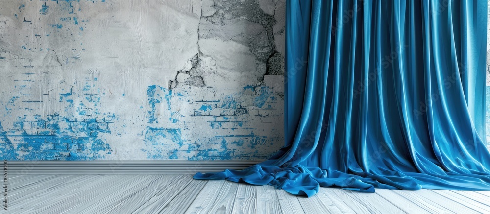 Poster blue curtains on the wall . with copy space image. place for adding text or design