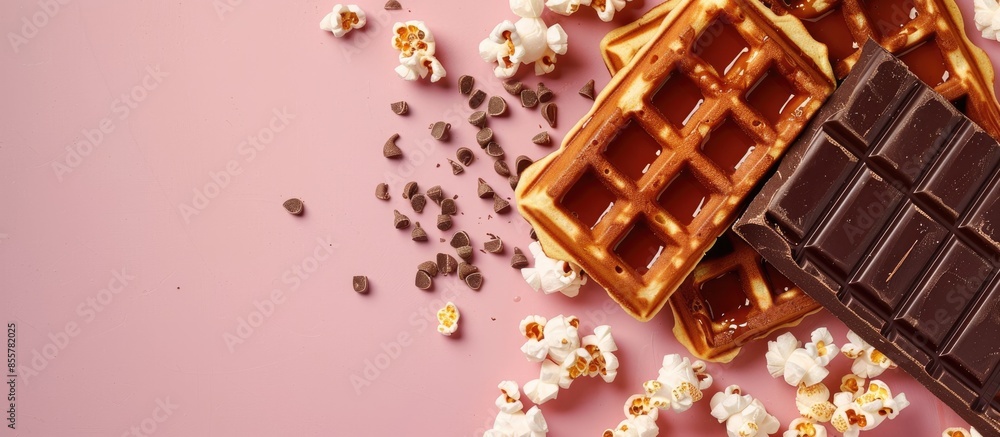 Fototapete belgian waffles with caramel topping, chocolate bars and popcorn. pastel background. with copy space