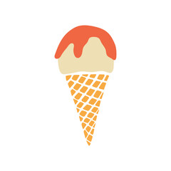 Delicious ice cream cone vector illustration. Vanilla gelato with fruit topping in waffle cone. Cute minimalist hand drawn frozen dessert food, summer yummy treat