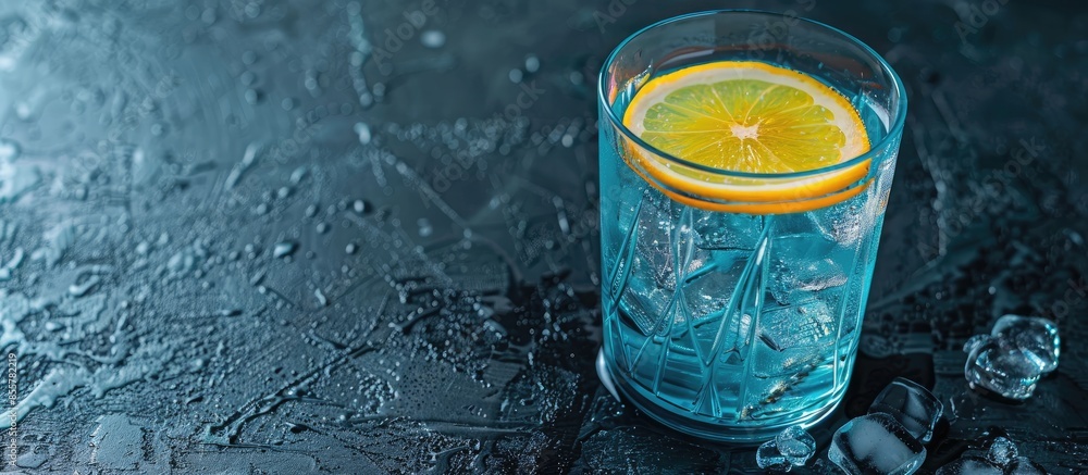 Poster colorful blue cocktail in a glass with a slice of lemon on a black table. with copy space image. pla