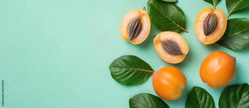 Poster Loquat fruit cut halfandhalf with a stone and whole with leaves isolated on a pastel background. with copy space image. Place for adding text or design