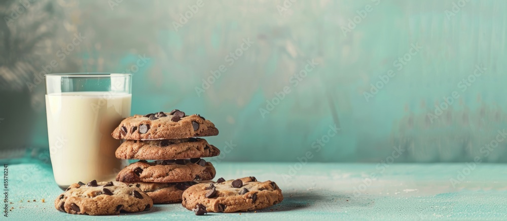 Poster group of homemade chocolatechip cookies on the cement table with glass of milk. pastel background. w
