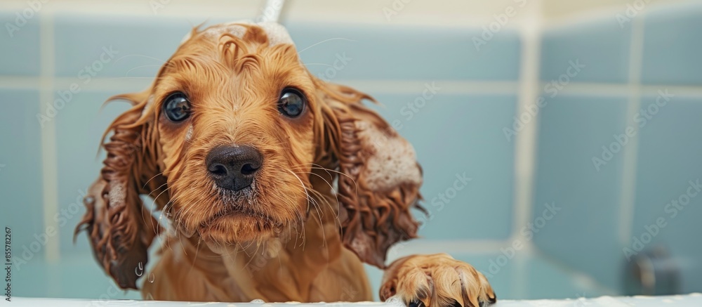 Poster Closeup of spaniel puppy after the bath. with copy space image. Place for adding text or design