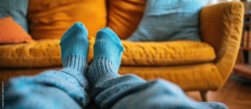 Aufkleber Man laying on a couch with cozy socks. with copy space image. Place for adding text or design