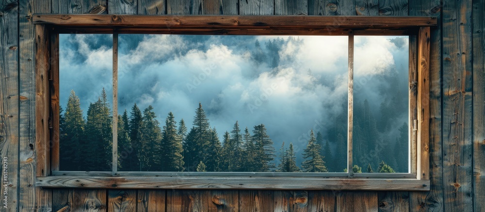 Poster wooden wall with window outside forest clouds. with copy space image. place for adding text or desig