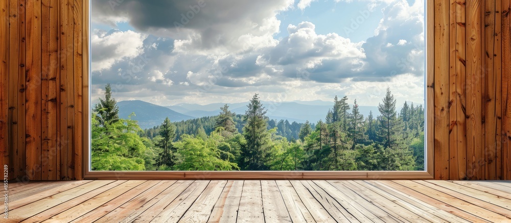 Aufkleber wooden wall with window outside forest clouds. with copy space image. place for adding text or desig