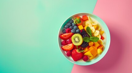delicious bowl of mixed summer fruits with copy space for text.