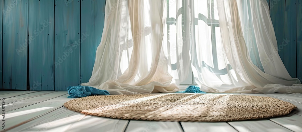 Poster white linen curtains and blue blanket above rug on wooden floor. with copy space image. place for ad