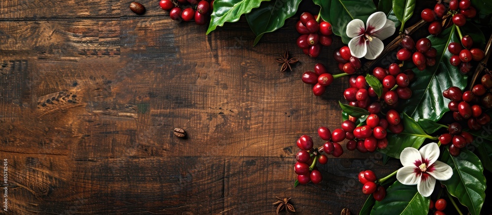 Poster coffee beans with real coffee fruits, flowers and leaves on wooden table close up. red coffee beans 