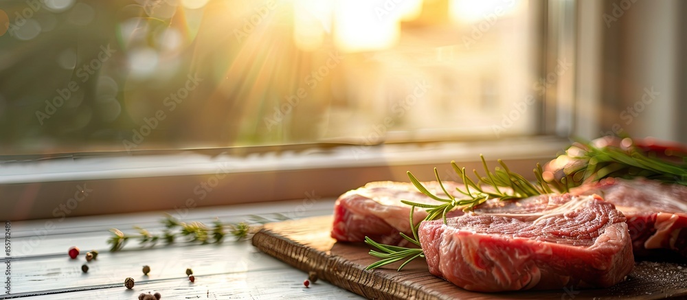Aufkleber blurred background of window and sunlight with steak . with copy space image. Place for adding text or design