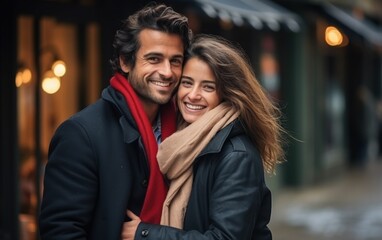 Fototapeta premium A man and woman are smiling and hugging each other on a street. The man is wearing a black coat and the woman is wearing a red scarf. Scene is happy and affectionate