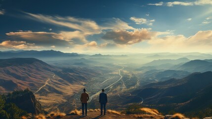 Couple standing on a cliff and looking at the valley at sunset