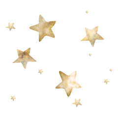 The stars of the sky are yellow and beige on a white background. Watercolor illustration of golden stars for children's design. Pastel colors. Elements for a children's room. Cute stars