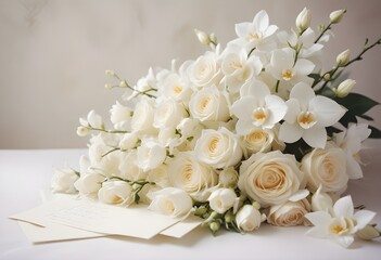 Obraz premium A bouquet of beautiful white roses and other white flowers arranged in a turquoise vase on a white cloth