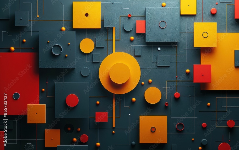 Poster a colorful abstract design with squares and circles. the squares are red and yellow, and the circles
