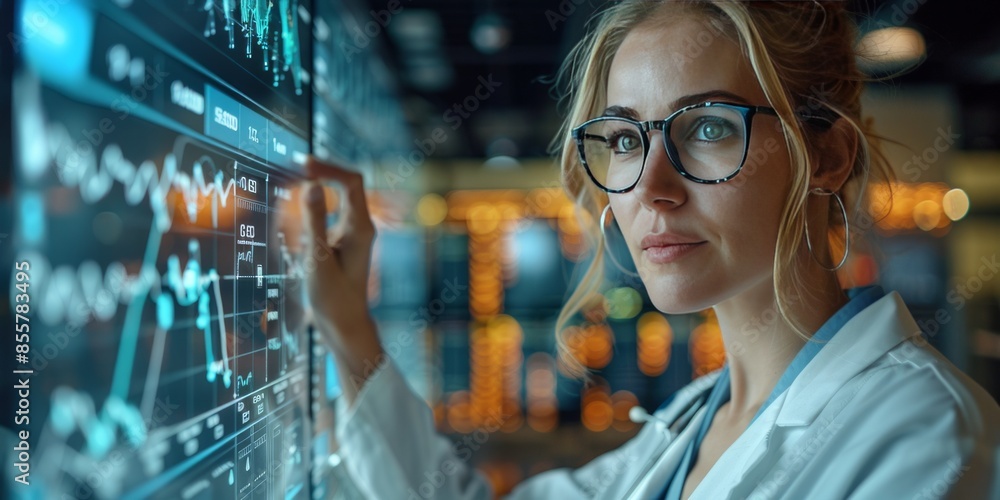 Poster female scientist analyzing data on a digital screen in a high-tech laboratory