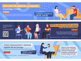 Stress management seminar mental health support group landing page design template set vector
